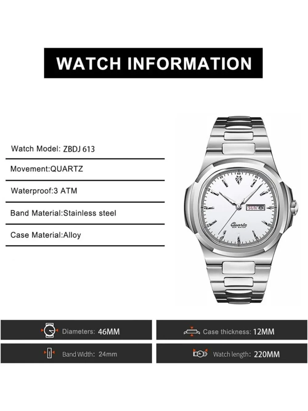Men's Silver White Stainless Steel Strap Quartz Movement Waterproof Wrist Watch